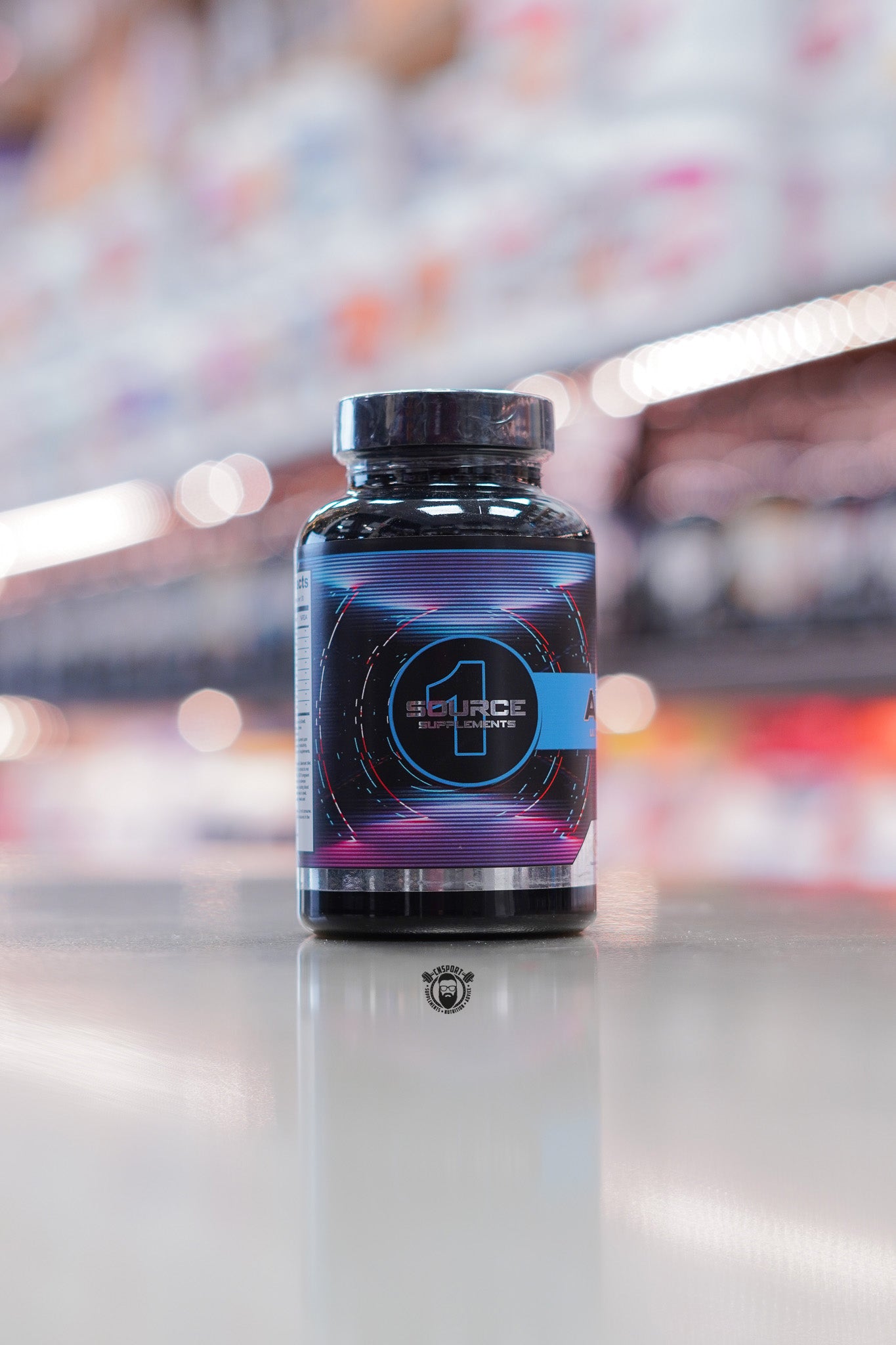 1 Source Supplements Alert 1 side label showing product branding, icons, and design details on capsules bottle