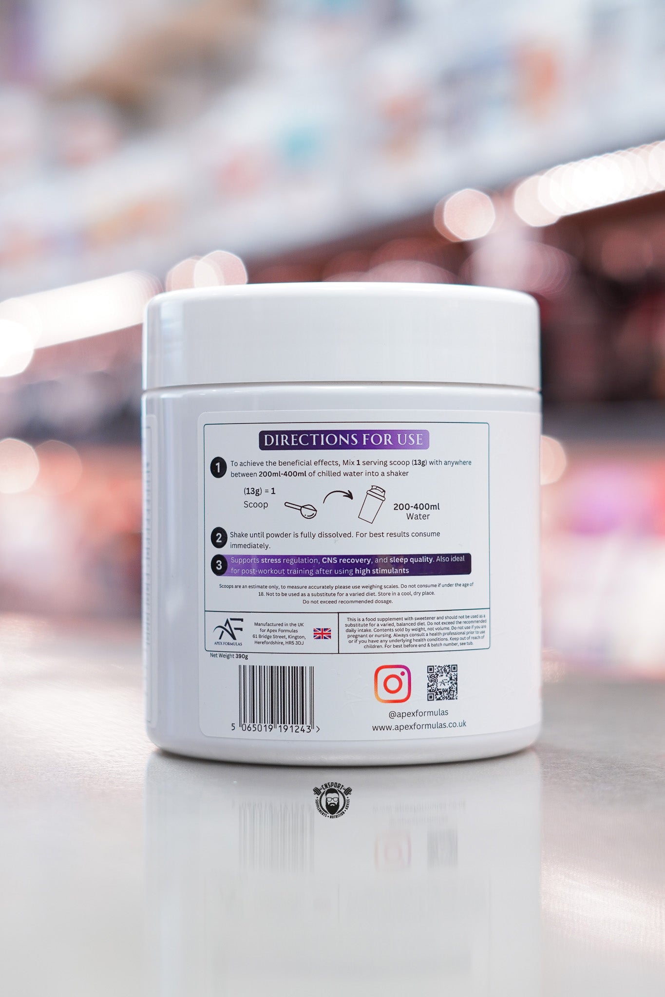 Apex Formulas Stress Recovery tub showing directions for use, 13g scoop mixed with 200–400ml water.