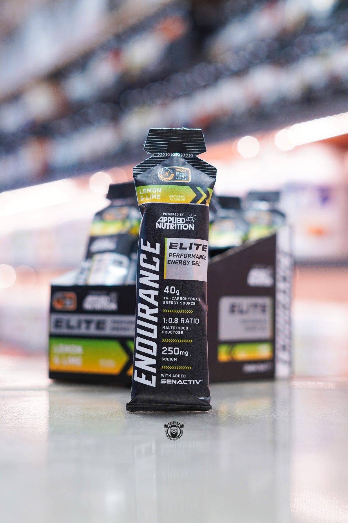 Applied Nutrition Endurance Elite Performance Energy Gel in Lemon & Lime flavour, featuring a 40g tri-carbohydrate energy blend, 250mg sodium, and Senactiv® in a portable 60ml sachet.