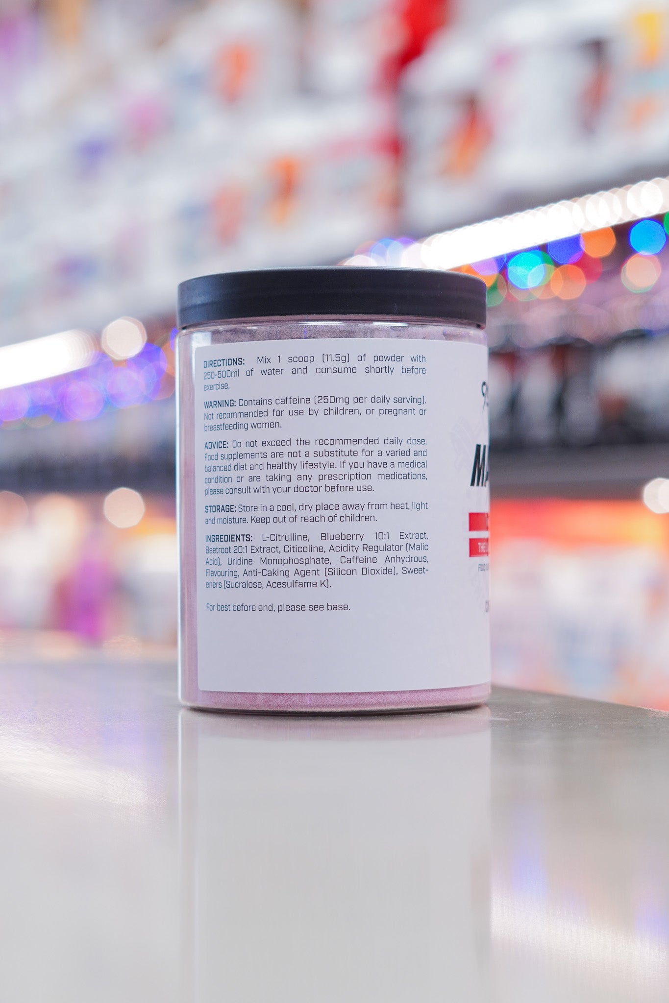 CNSport Maximal Pre-Workout Cherry flavour side label with directions for use, warnings, ingredients list, and storage information.