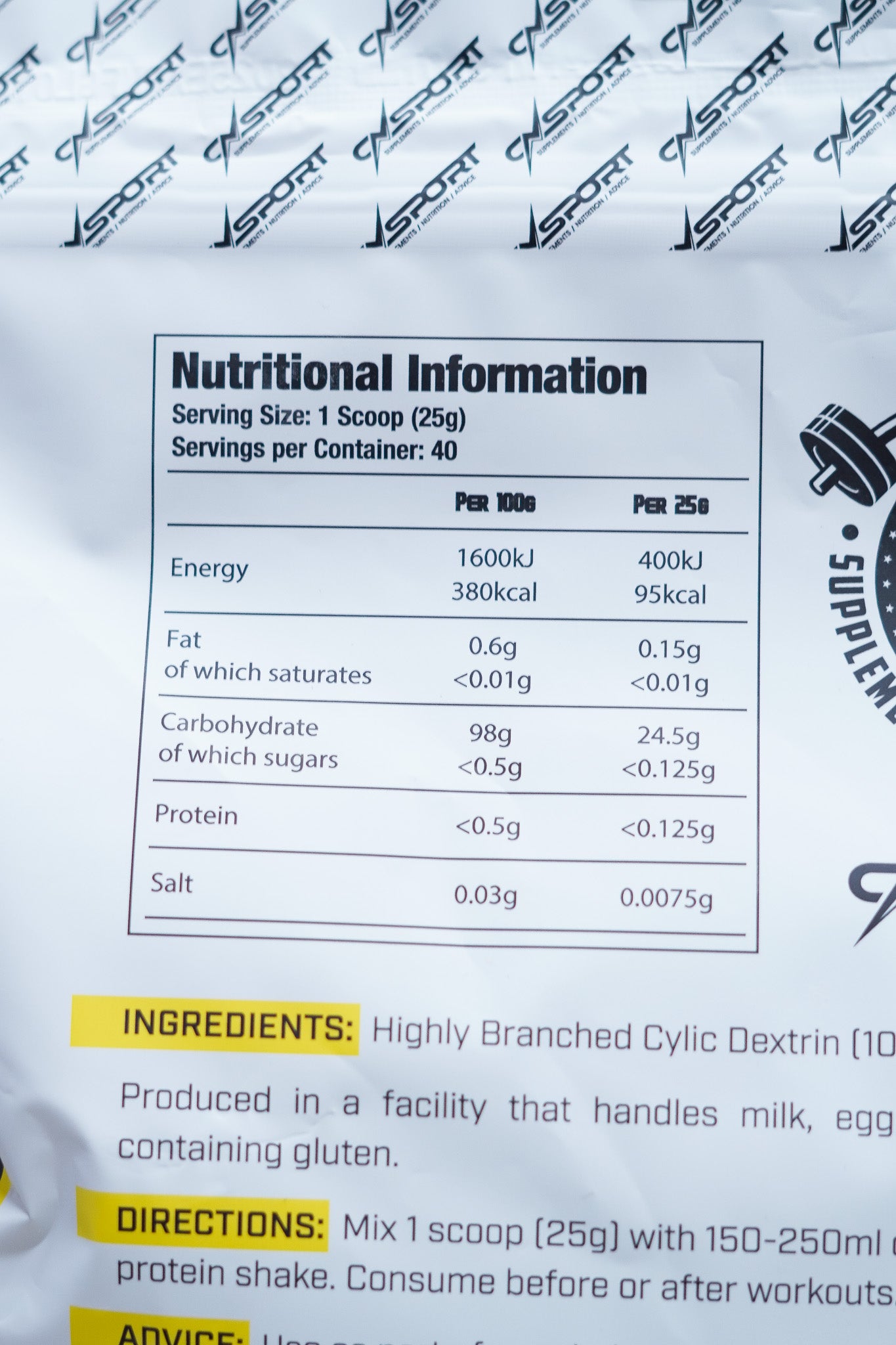 Close-up of CNSport Highly Branched Cyclic Dextrin nutritional information and ingredients panel with detailed values per 100g and per 25g serving.
