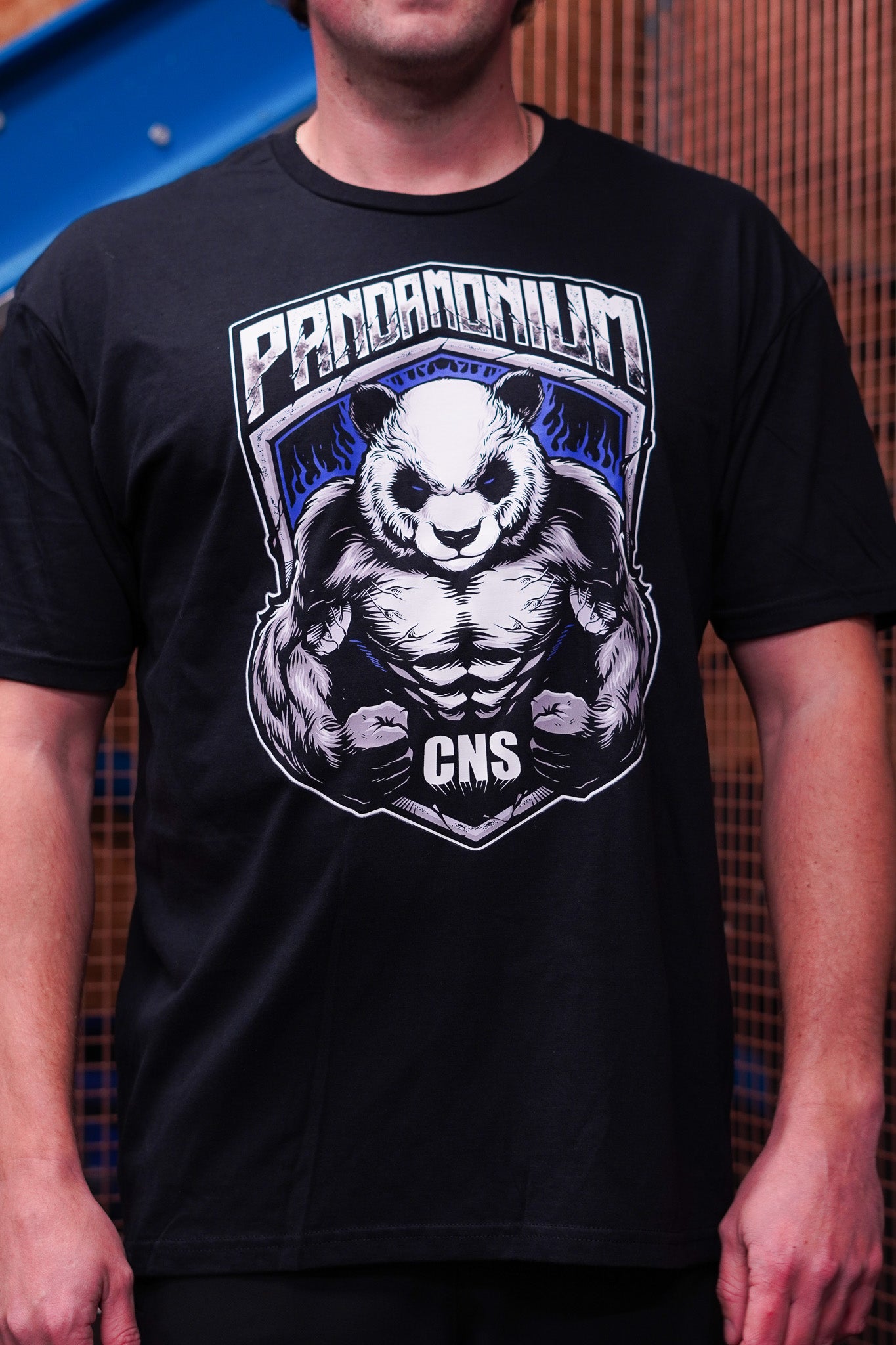 A person wearing a black Pandamonium T-shirt featuring a large muscular panda graphic with blue flame accents and bold ‘PANDAMONIUM’ lettering on the chest.