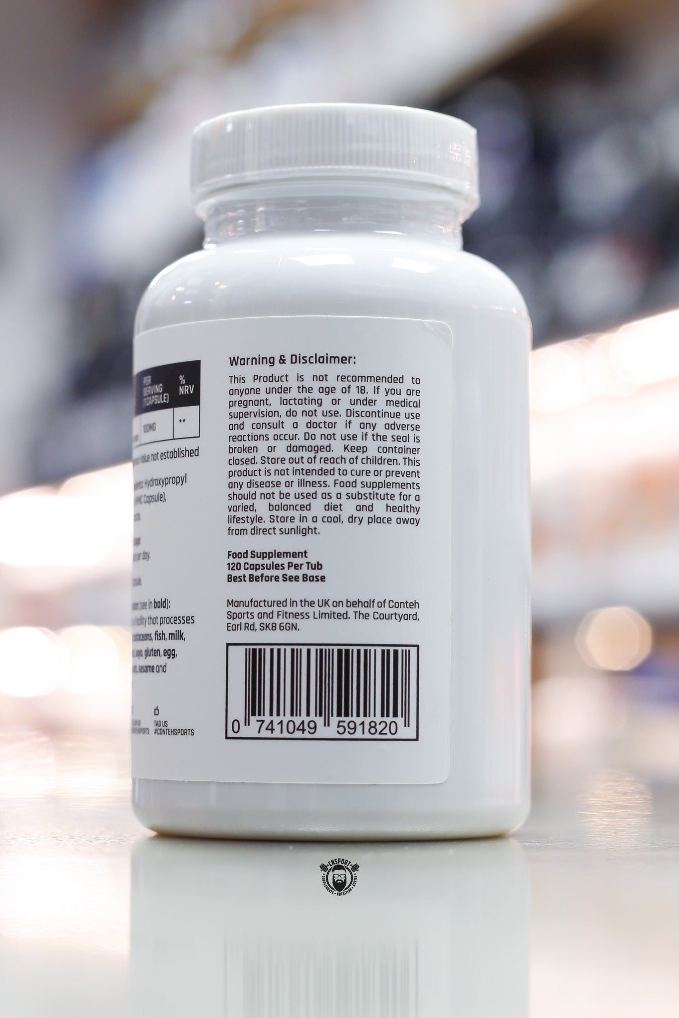 Conteh Sports P-5-P (Pyridoxal-5-Phosphate) Vitamin B6 supplement, 120 servings white bottle showing warning, disclaimer and barcode panel.