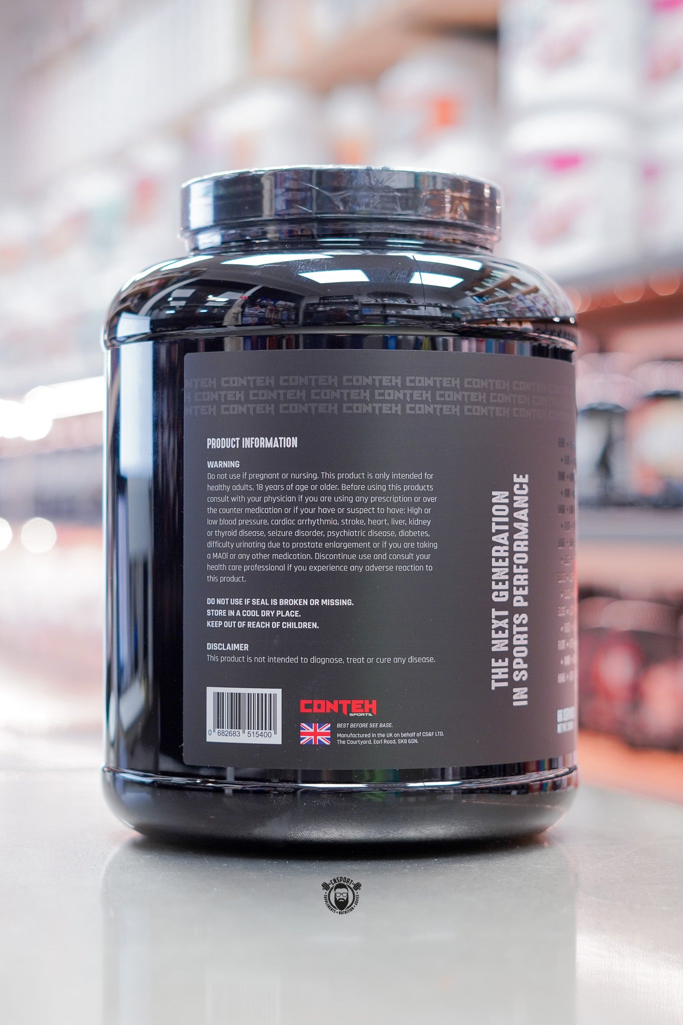 Conteh Sports Whey Elite protein powder, Vanilla Ice Cream flavour, 66 servings (1.98kg) black tub side label view with product information.