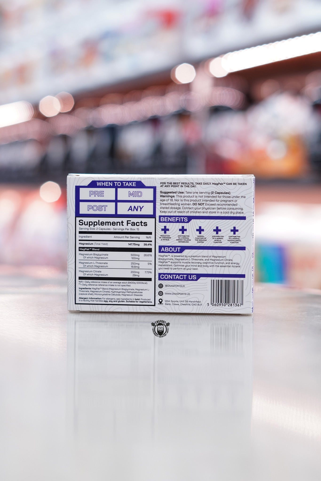 Detailed supplement facts and benefits panel on the back of DNA Sports MagPak Magnesium Complex box showing full ingredient breakdown and suggested use.