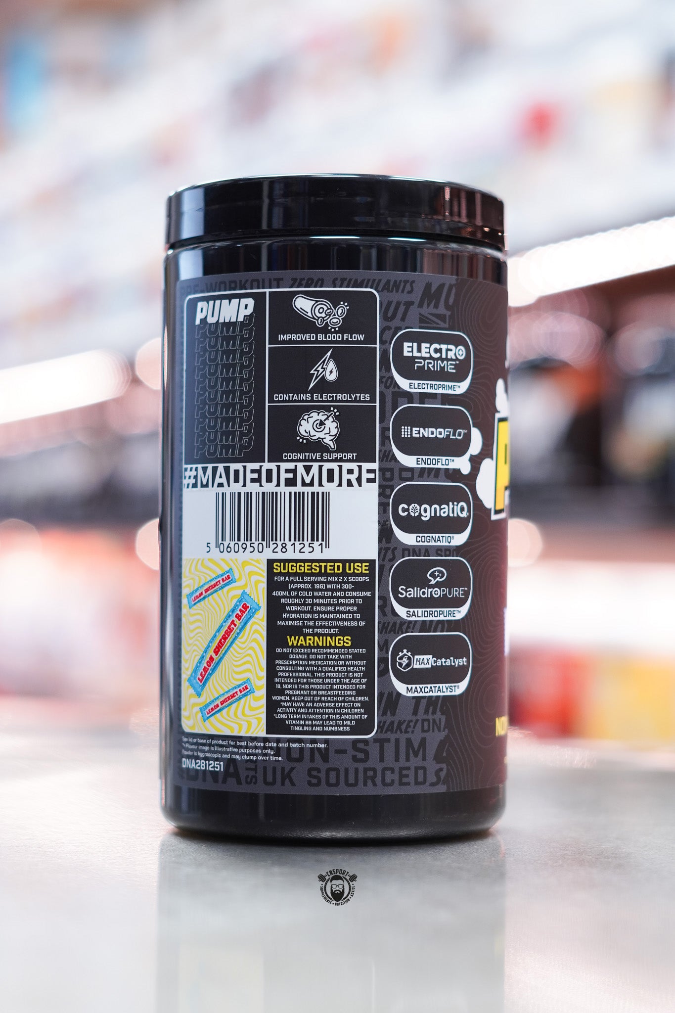 DNA Sports - Thank Pump For That Lemon Sherbet (25 Servings) – Side label – Side of the tub showing suggested use, warnings, and highlighted branded ingredients like ElectroPrime, EndoFlo, CognatiQ, and SalidroPure.