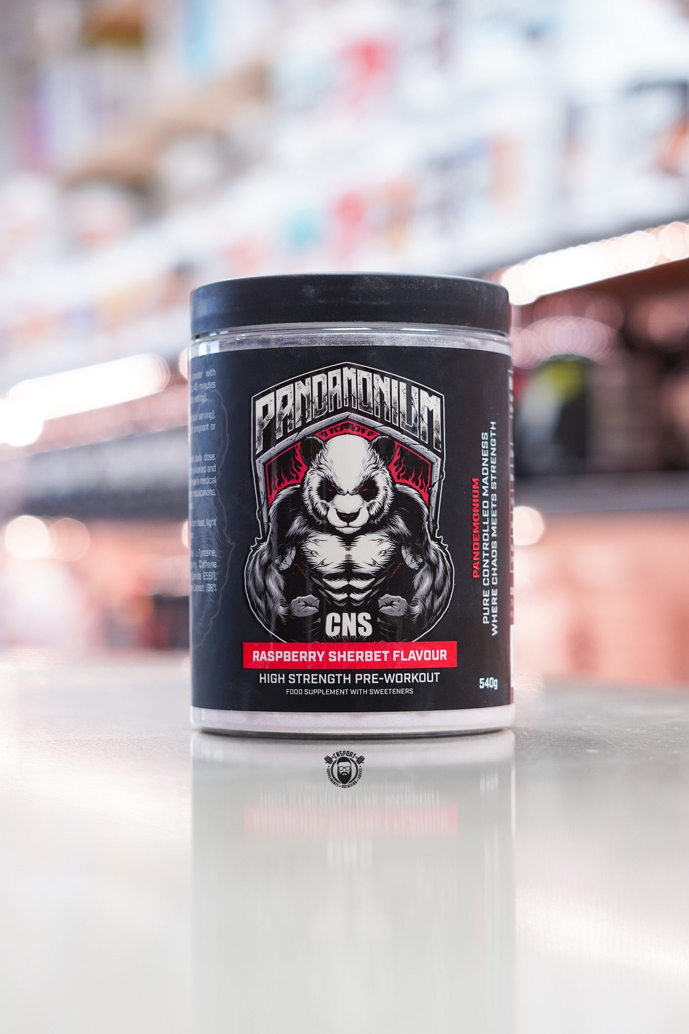CNSport Pandamonium high strength pre-workout 540g tub, Raspberry Sherbet flavour, displayed on supplement store counter.