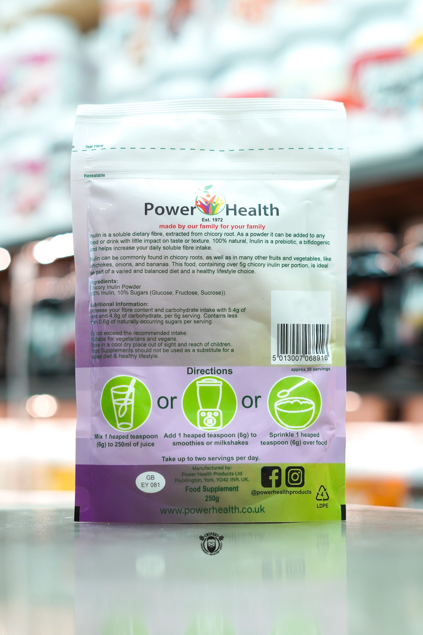 Back view of Power Health Inulin 250g pouch showing product description, nutritional information, suggested use, directions with graphics for mixing in juice, smoothies, or food, barcode, and Power Health contact details.