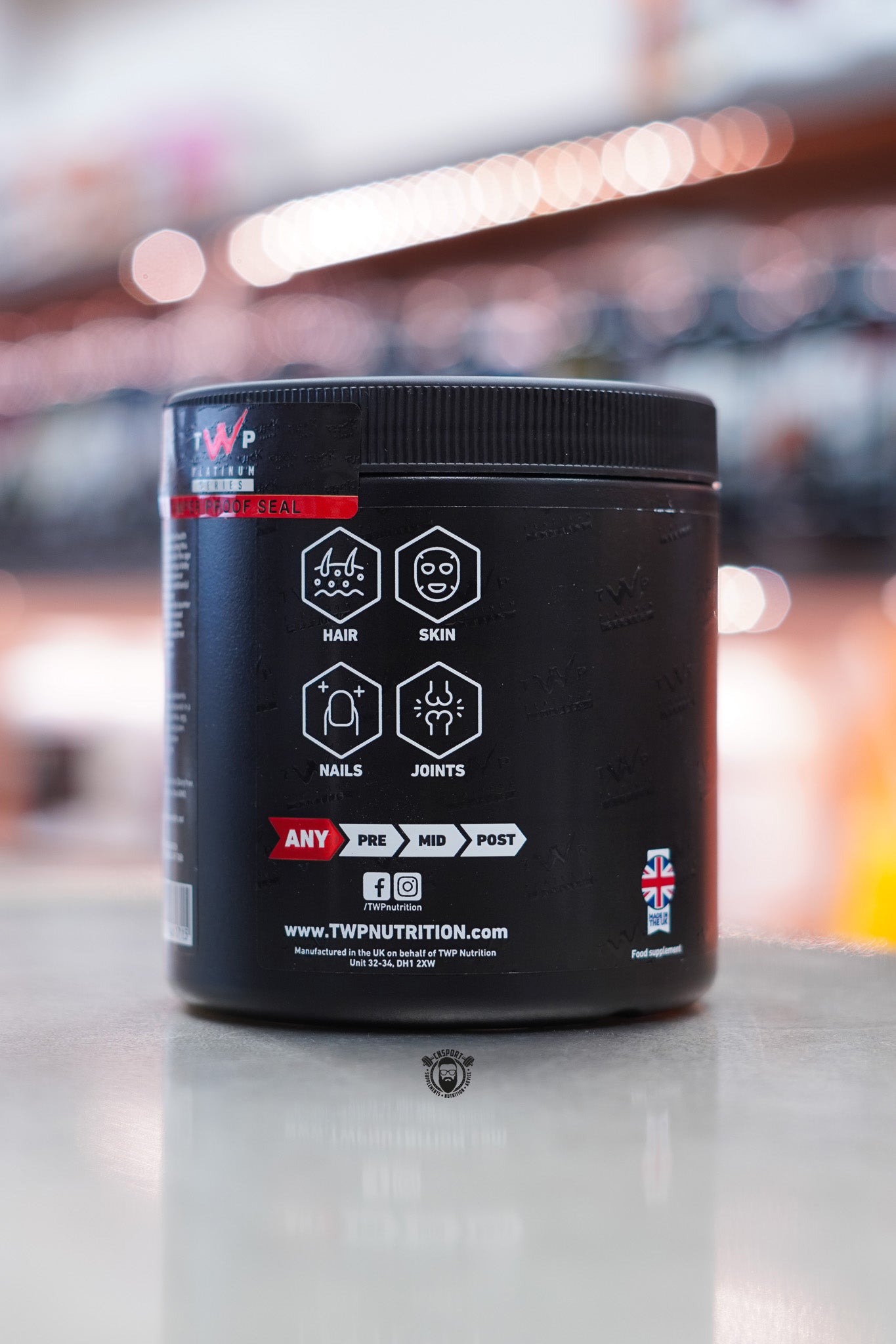 Side view of TWP Collagen Raw tub showing icons for hair, skin, nails, and joints benefits, along with social media and usage timing recommendations.