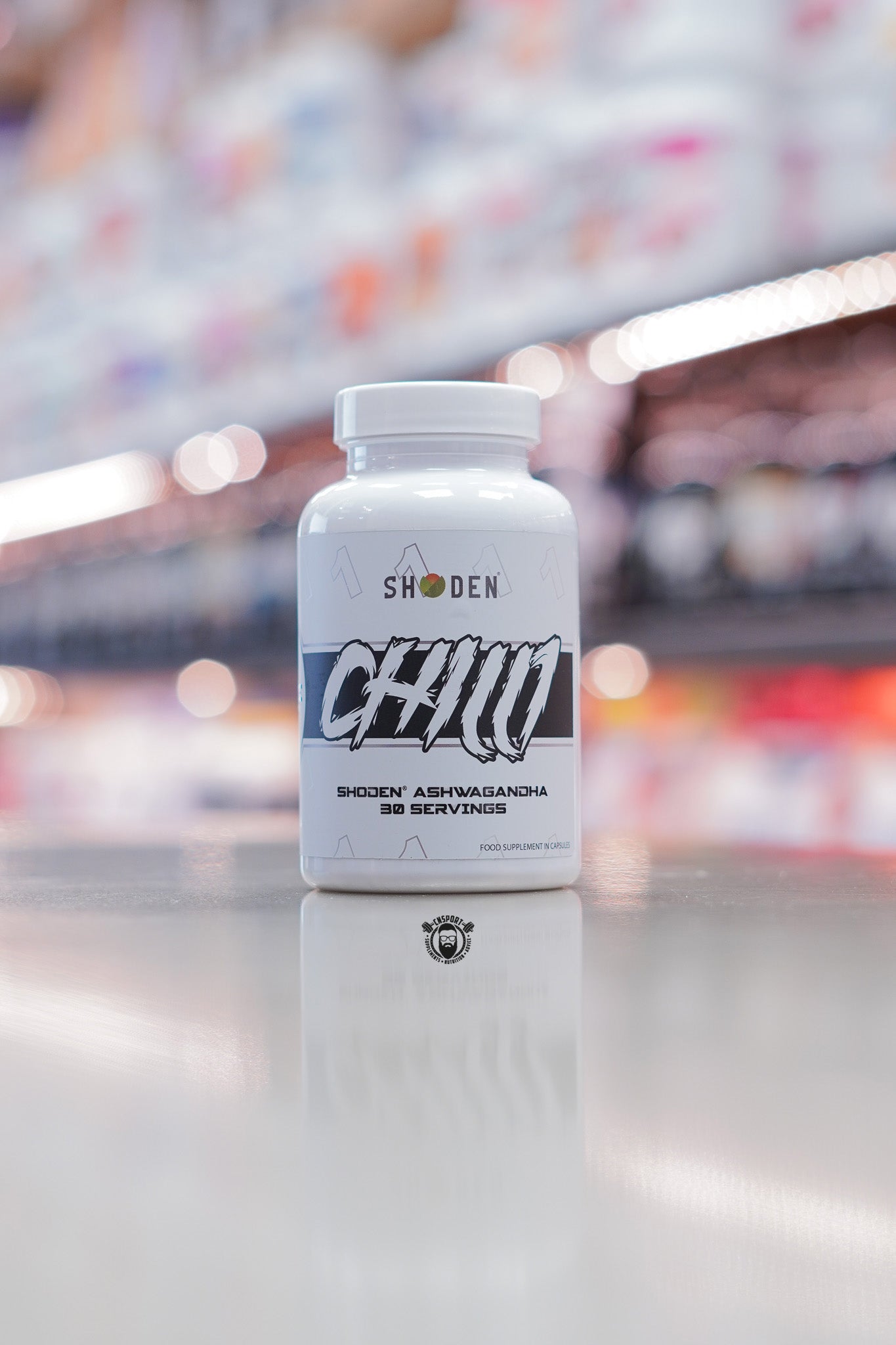 Front-facing 1 Source Supplements SHODEN Chill Ashwagandha capsules bottle highlighting 30 servings.