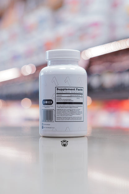 Back of 1 Source Supplements SHODEN Chill Ashwagandha capsules bottle showing supplement facts panel and ingredients.