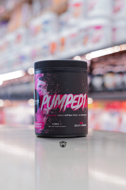1 Source Supplements Pumped non-stim pre-workout strawberry bubblegum 410g tub front label