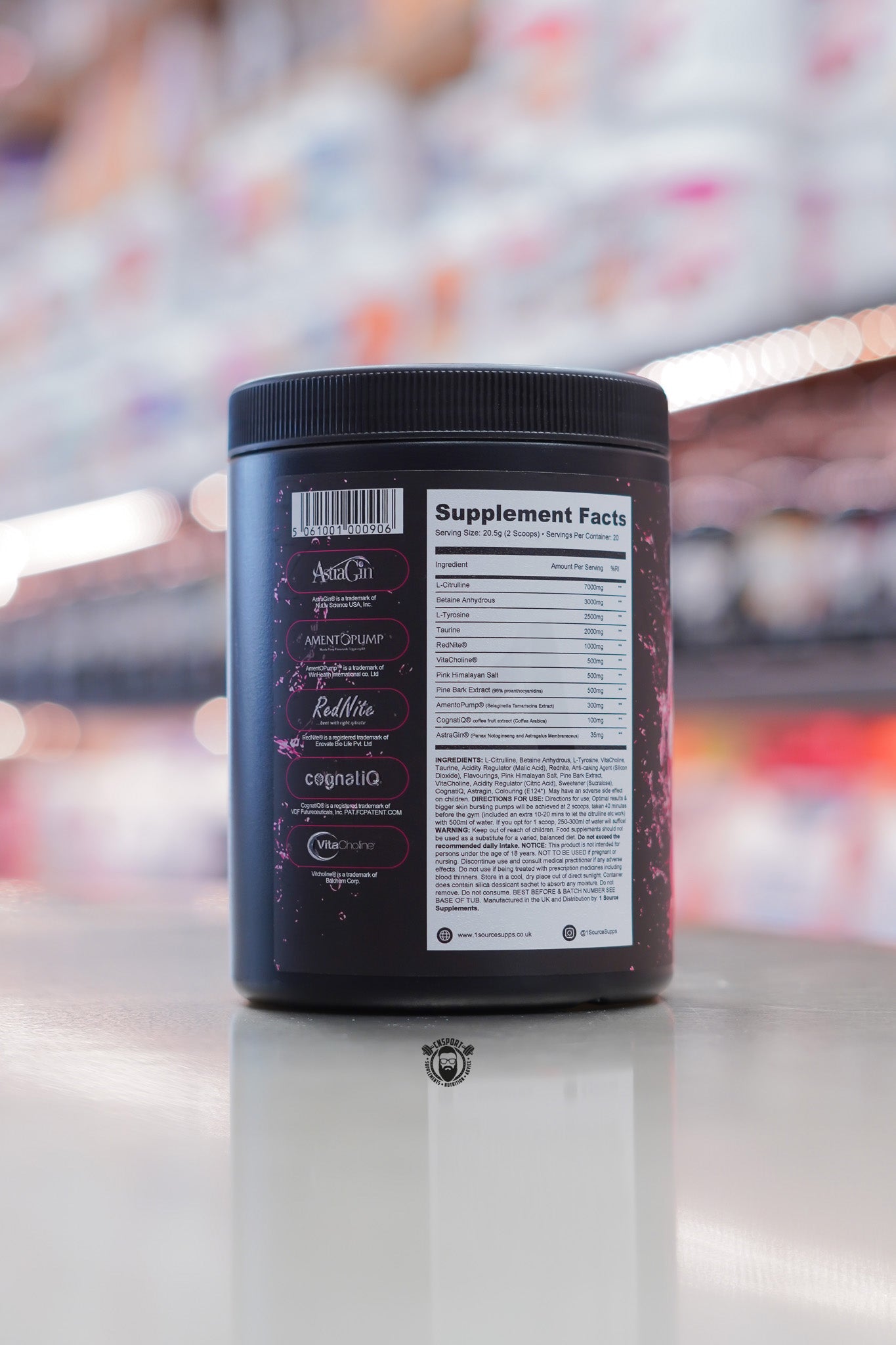 1 Source Supplements Pumped non-stim pre-workout strawberry bubblegum supplement facts panel on black tub