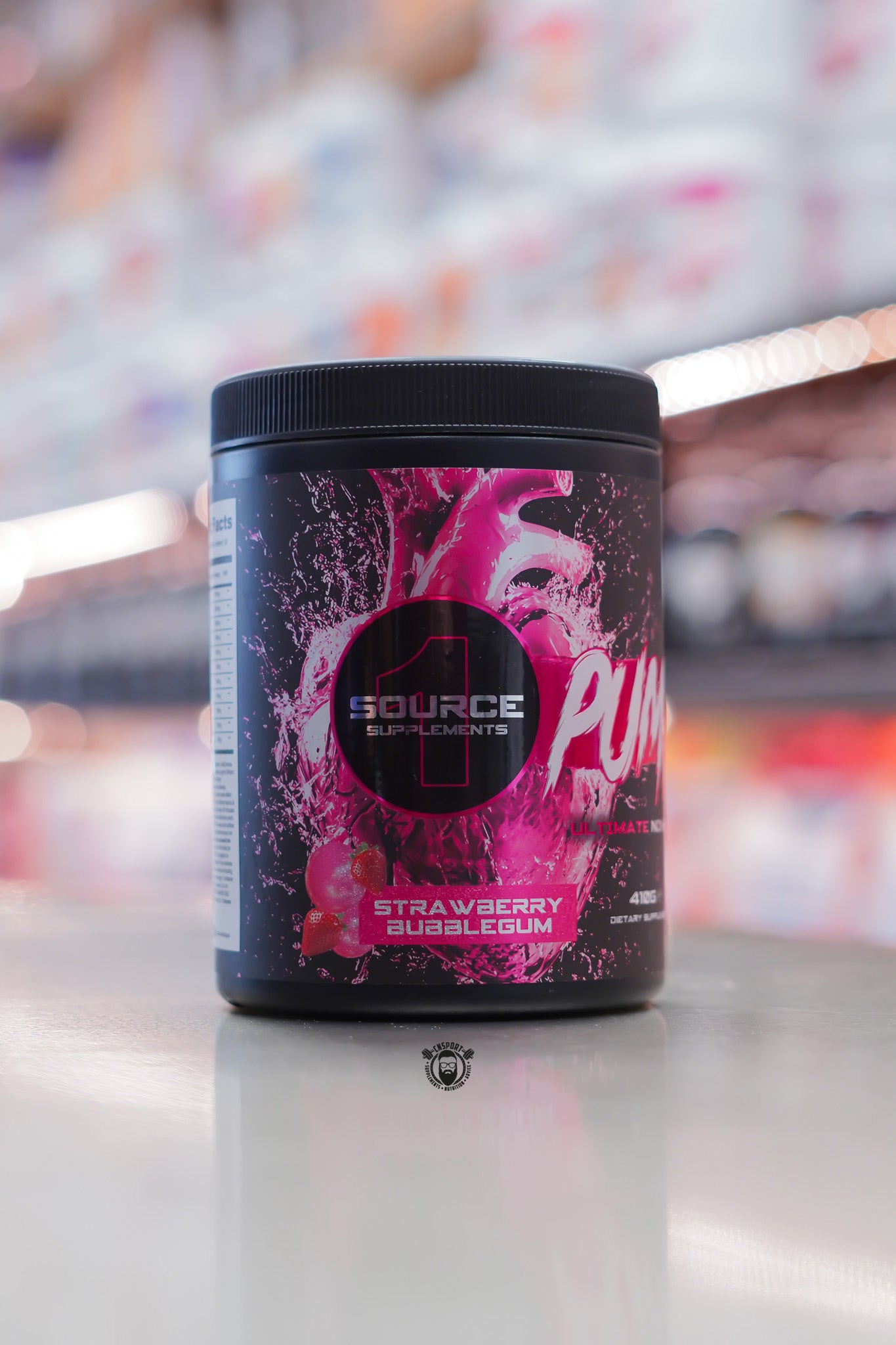 1 Source Supplements Pumped non-stim pre-workout strawberry bubblegum side label showing product branding