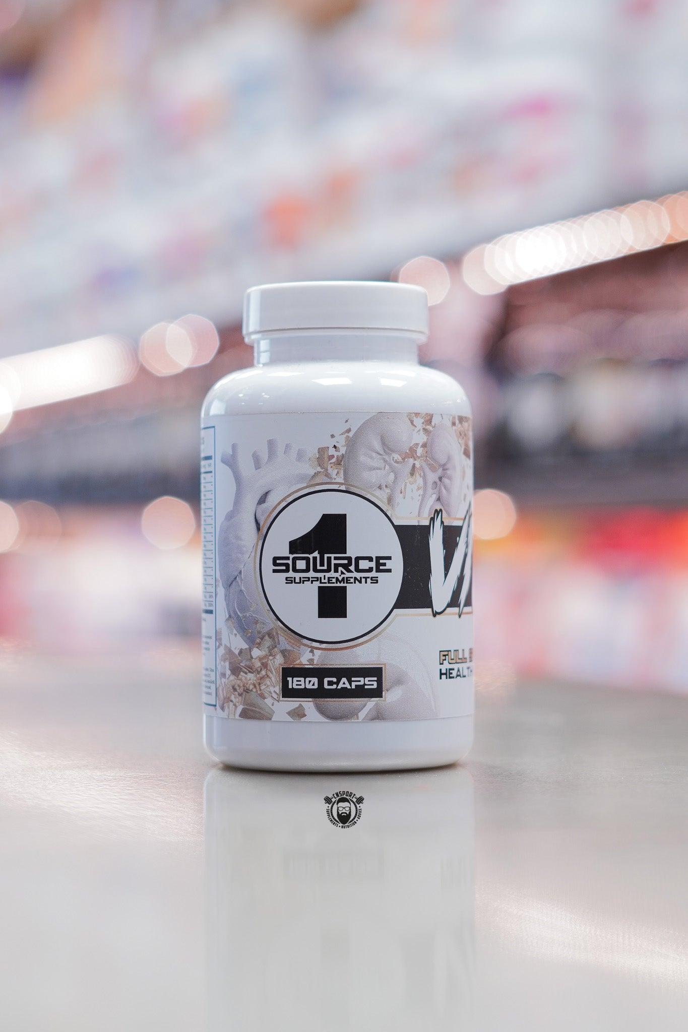 Front view of 1 Source Supplements Vital 1 full spectrum health support capsules, 180 caps, on a white bottle.