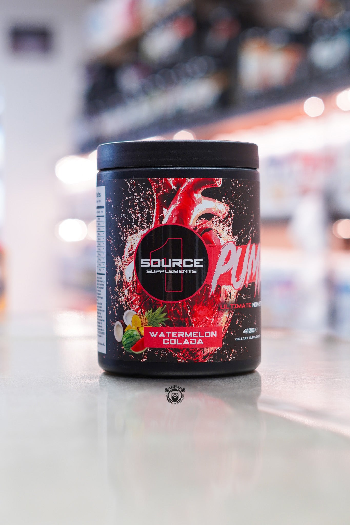 1 Source Supplements Pumped1 pre-workout in Watermelon Colada flavour, providing 20 servings in a 410g tub formulated to support pumps and workout performance.