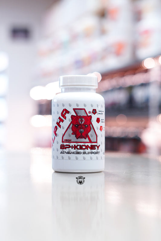 Alpha Neon BP + Kidney Advanced Support supplement bottle, displayed on supplement store counter.