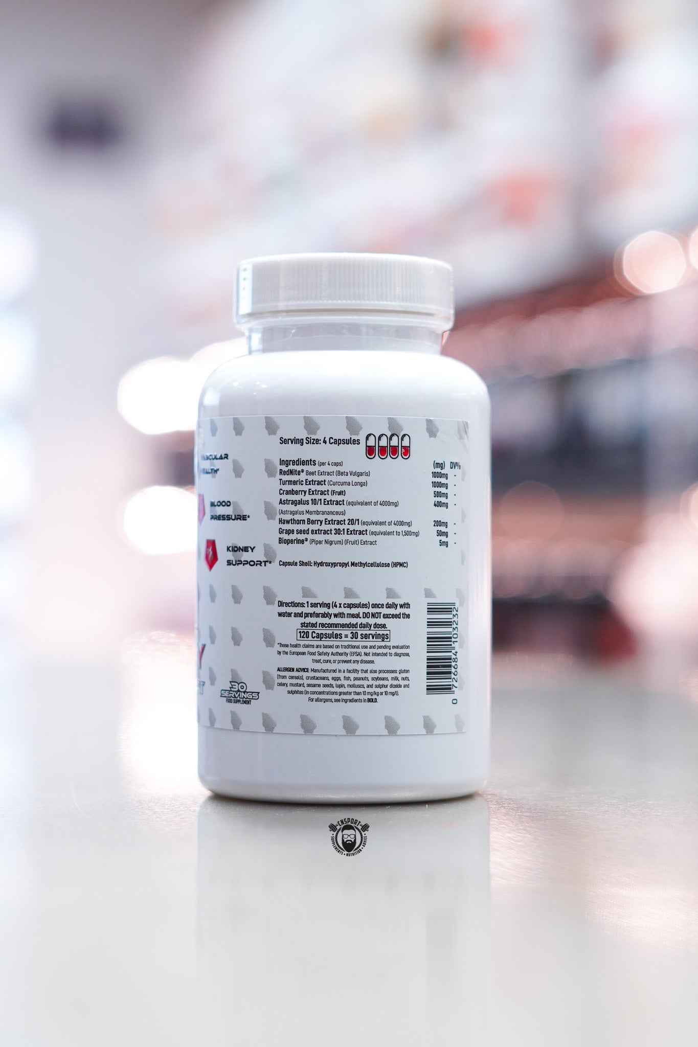 Alpha Neon BP + Kidney Advanced Support supplement bottle showing supplement facts and ingredient panel.