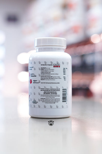 Alpha Neon BP + Kidney Advanced Support supplement bottle showing supplement facts and ingredient panel.