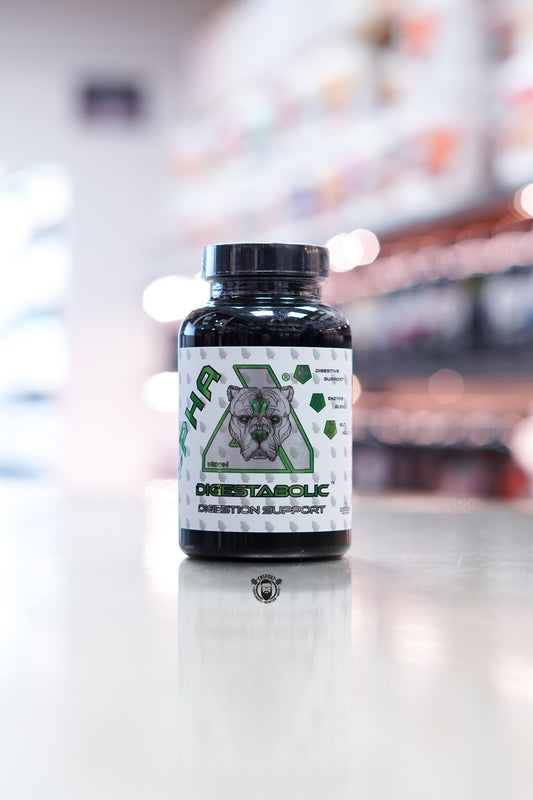 Alpha Neon Digestabolic digestion support supplement bottle, displayed on supplement store counter.