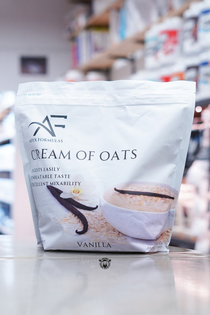 Apex Formulas Cream of Oats Vanilla flavour 2kg pouch displayed on supplement store counter.