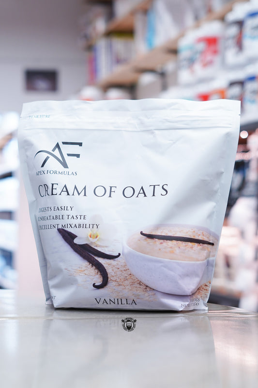 Apex Formulas Cream of Oats Vanilla flavour 2kg pouch displayed on supplement store counter.