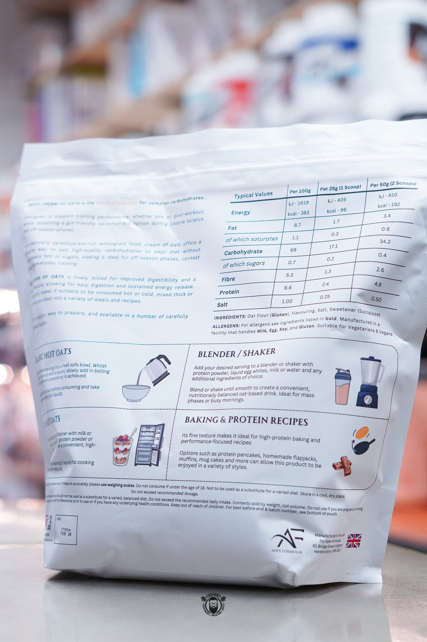 Apex Formulas Cream of Oats 2kg pouch showing nutritional values, ingredients, and preparation instructions panel.