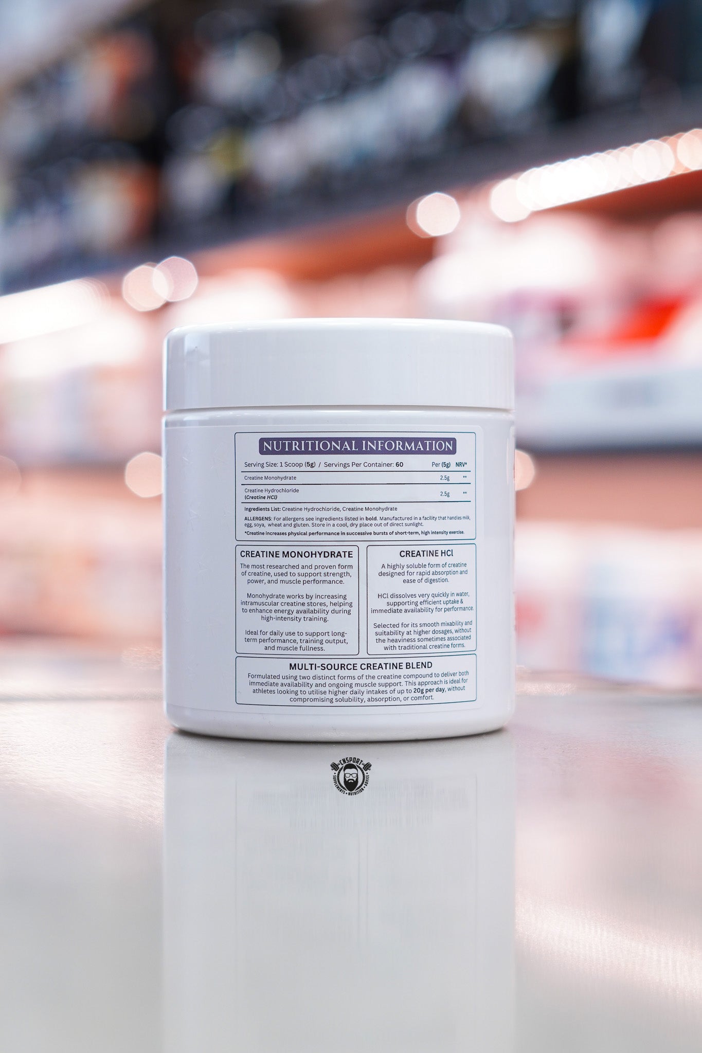 Apex Formulas Dual Creatine nutritional information panel showing creatine monohydrate and creatine HCl blend per serving.