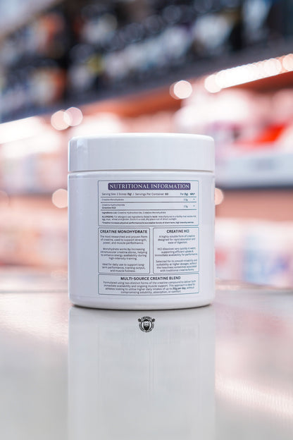 Apex Formulas Dual Creatine nutritional information panel showing creatine monohydrate and creatine HCl blend per serving.