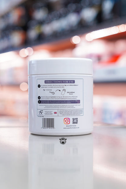Apex Formulas Dual Creatine directions for use label with mixing instructions and serving guidance on white tub.
