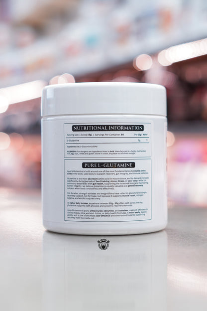 Apex Formulas Glutamine nutritional information panel showing 5g L-Glutamine per serving, ingredients list and allergen information.