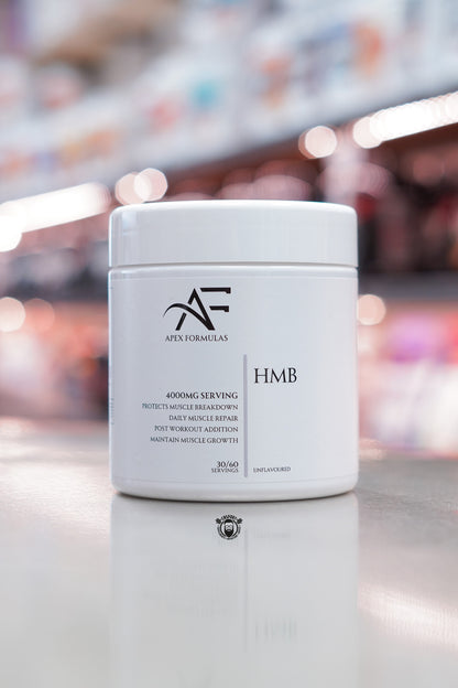 Apex Formulas HMB powder, unflavoured, 4000mg per serving, 30/60 servings, white tub displayed on supplement store counter.