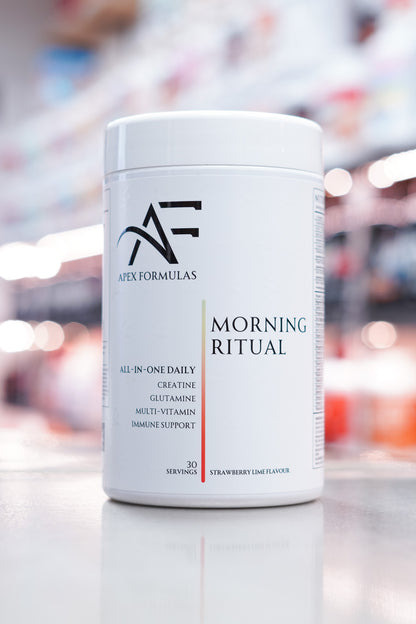 Apex Formulas Morning Ritual Strawberry Lime flavour all-in-one daily supplement with 30 servings for health and wellness support.