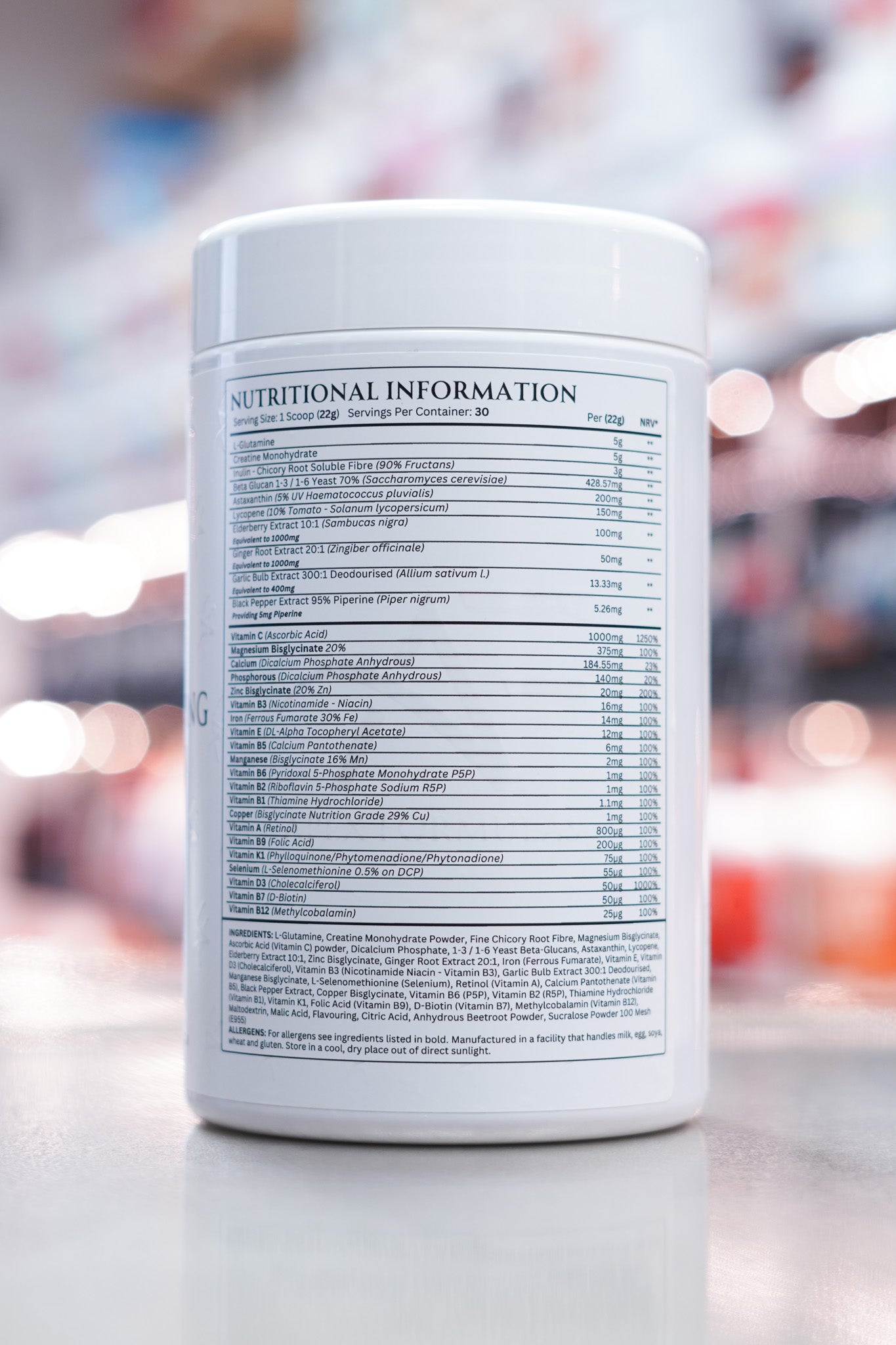 Apex Formulas Morning Ritual Strawberry Lime supplement nutritional information label showing ingredient dosages per 22g scoop.