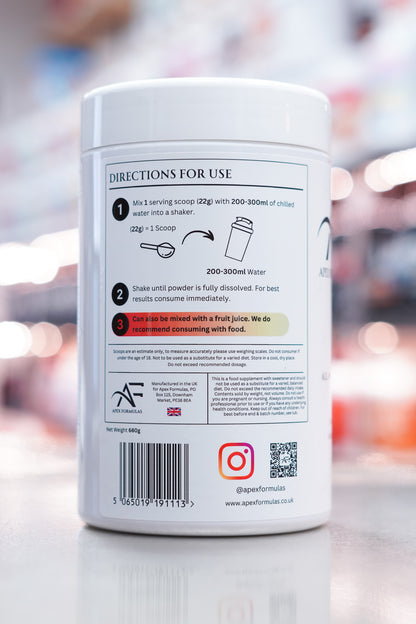 Apex Formulas Morning Ritual Strawberry Lime supplement usage directions showing mix instructions and serving size details.