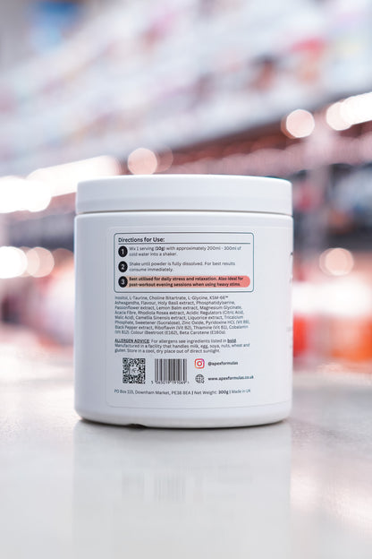 Back label of Apex Formulas Stress Recovery Peach Iced Tea showing directions for use, allergen advice, barcode, and social media details.