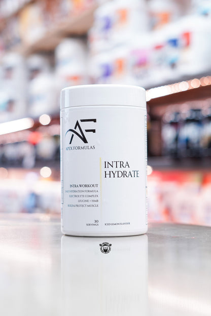 Front-facing image of Apex Formulas Intra Hydrate Iced Lemon flavour tub showing clean white label design with black and gold detailing.