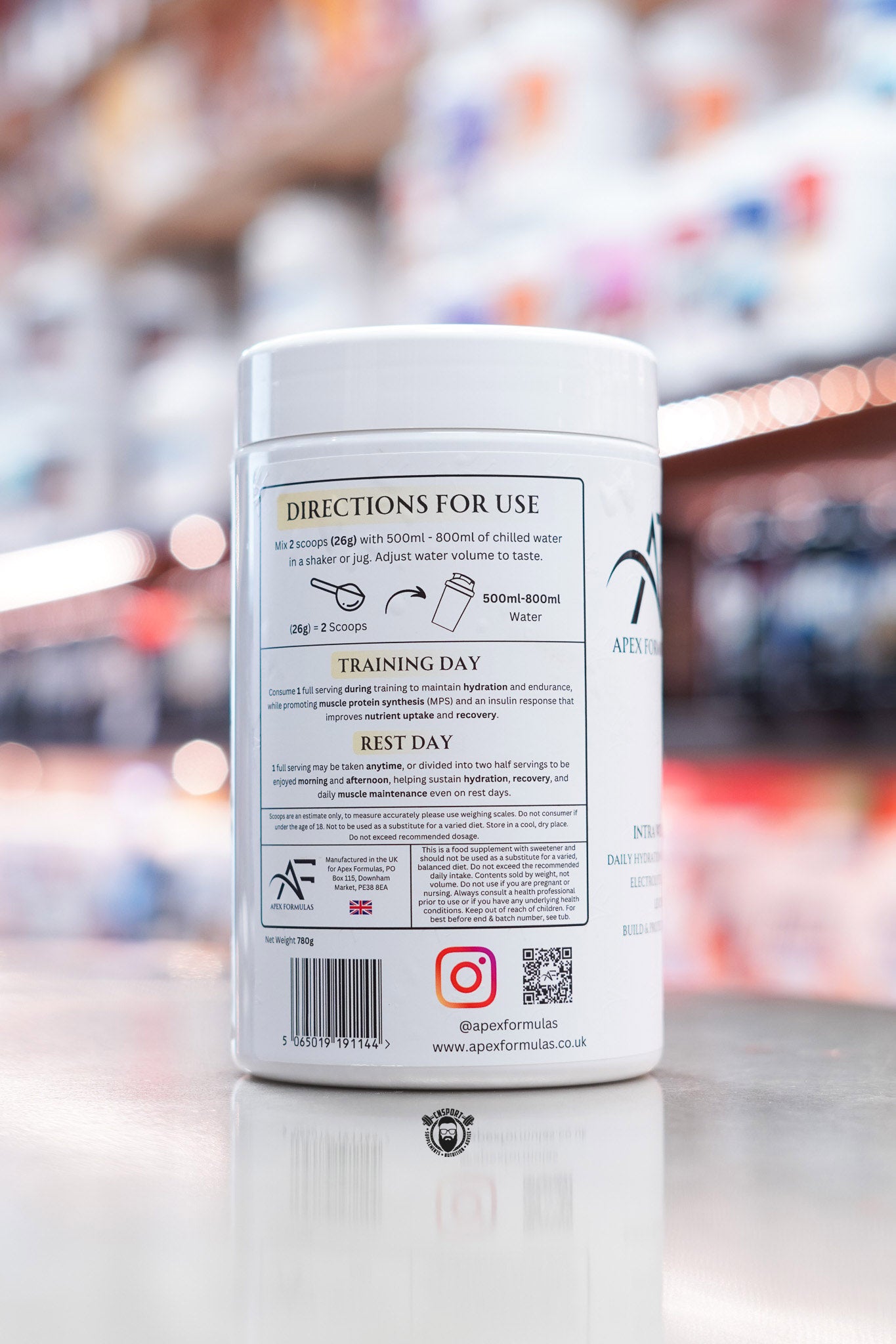 Side view of Apex Formulas Intra Hydrate tub displaying directions for use, serving instructions, and brand contact information.