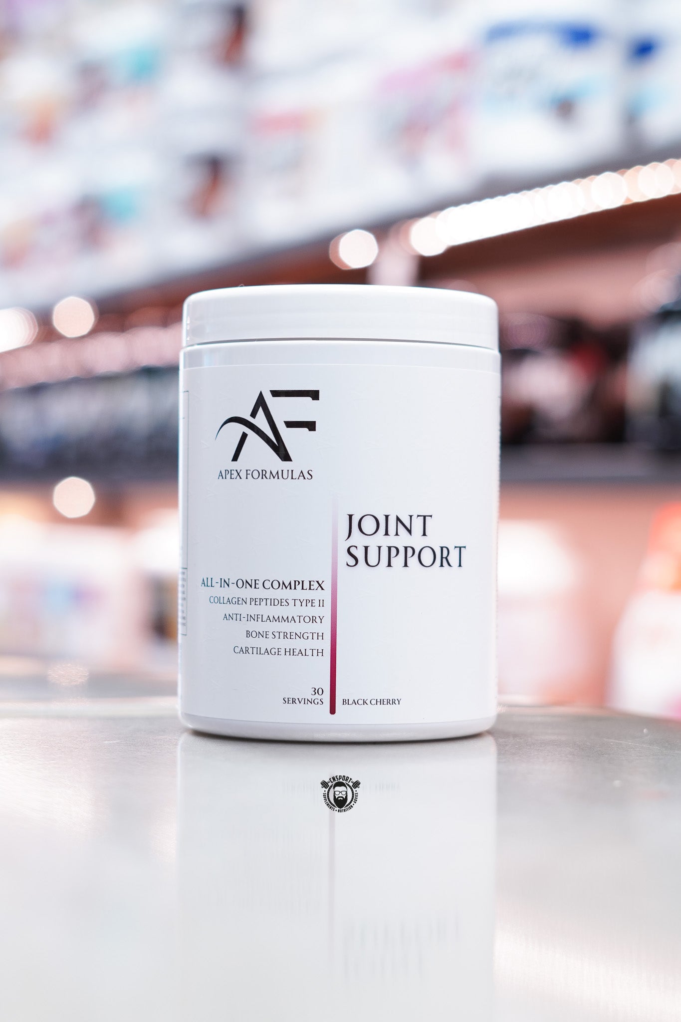 Front view of Apex Formulas Joint Support Black Cherry tub with clean white label, Apex Formulas logo, and product benefits including collagen peptides type II, anti-inflammatory support, bone strength, and cartilage health.