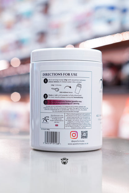 Side view of Apex Formulas Joint Support Black Cherry tub displaying directions for use, mixing instructions with water, dosage guidelines, and manufacturer details.