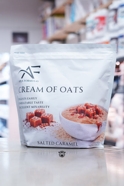 Apex Formulas Cream of Oats Salted Caramel flavour 2kg pouch displayed on supplement store counter.