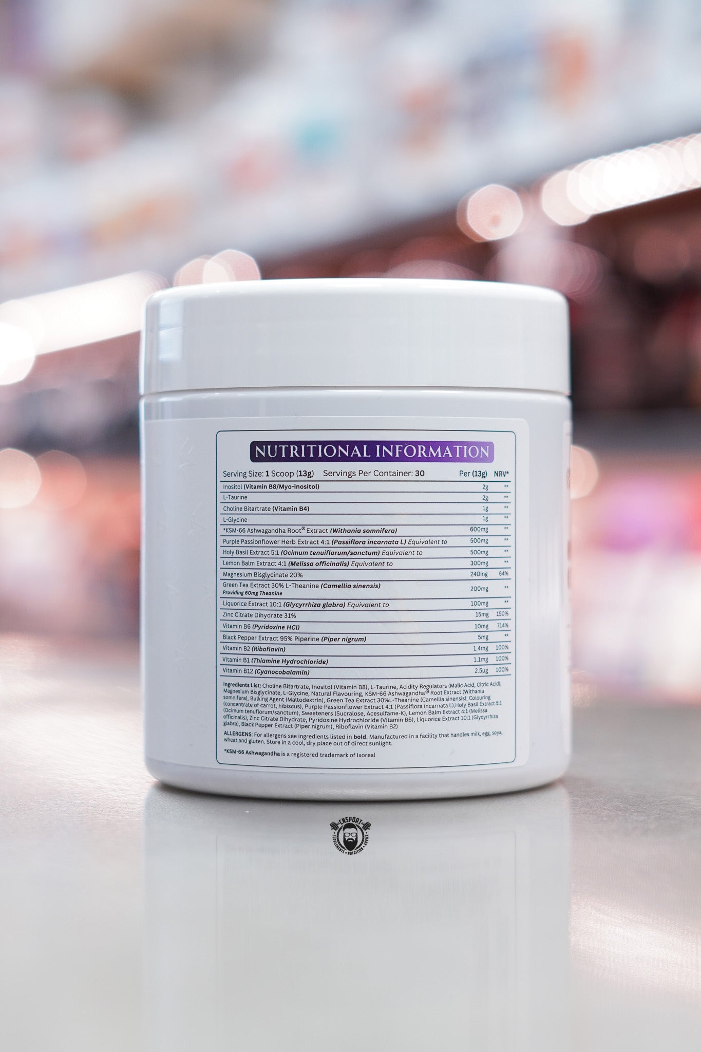 Apex Formulas Stress Recovery nutritional information panel showing inositol, taurine, glycine, KSM-66 ashwagandha, magnesium, L-theanine, B vitamins and zinc per 13g serving.