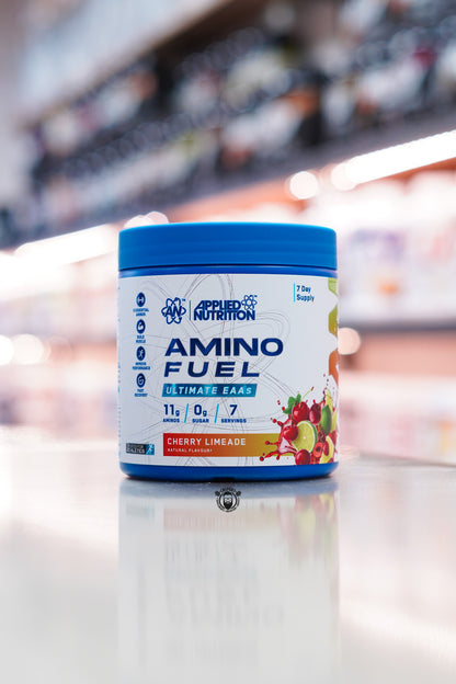 Applied Nutrition Amino Fuel Ultimate EAAs Cherry Limeade flavour, 7-serving amino acid supplement providing 11g amino acids and 0g sugar per serving.