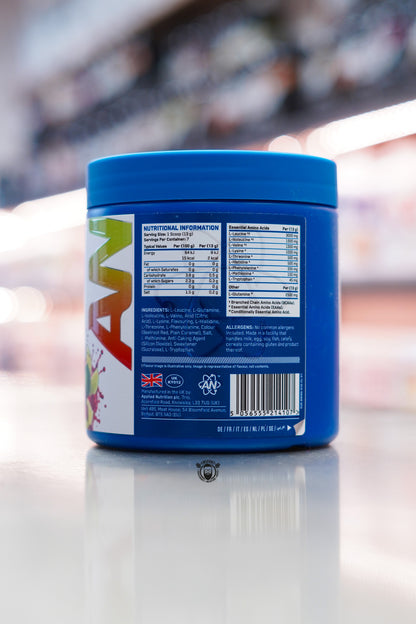 Nutritional information panel of Applied Nutrition Amino Fuel Ultimate EAAs displaying essential amino acid profile, amino acid breakdown and ingredient list.