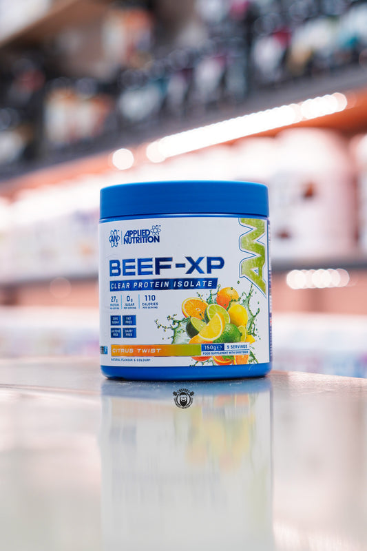 Applied Nutrition Beef-XP Clear Protein Isolate 150g in Citrus Twist flavour, providing 27g protein per serving, zero sugar and 5 servings.