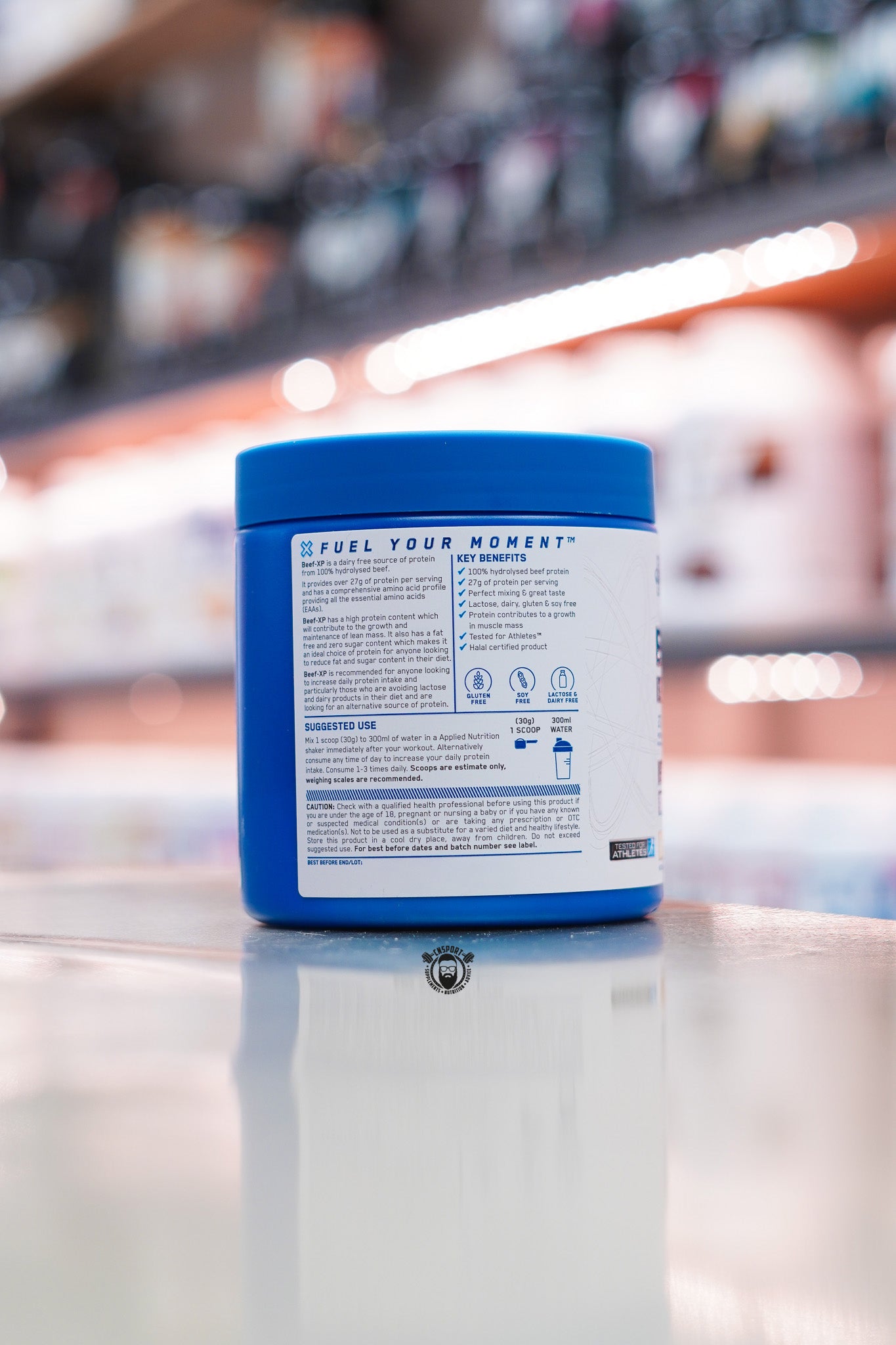 Side label of Applied Nutrition Beef-XP Clear Protein Isolate showing product directions, key benefits, suggested use and allergen information.