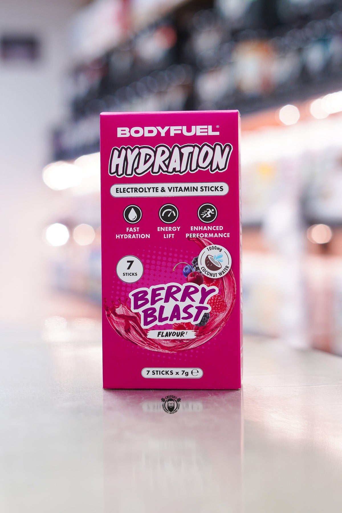 Applied Nutrition BodyFuel Hydration Electrolyte & Vitamin Sticks in Berry Blast flavour, with 7 individual hydration sticks and 1000mg coconut water per serving.
