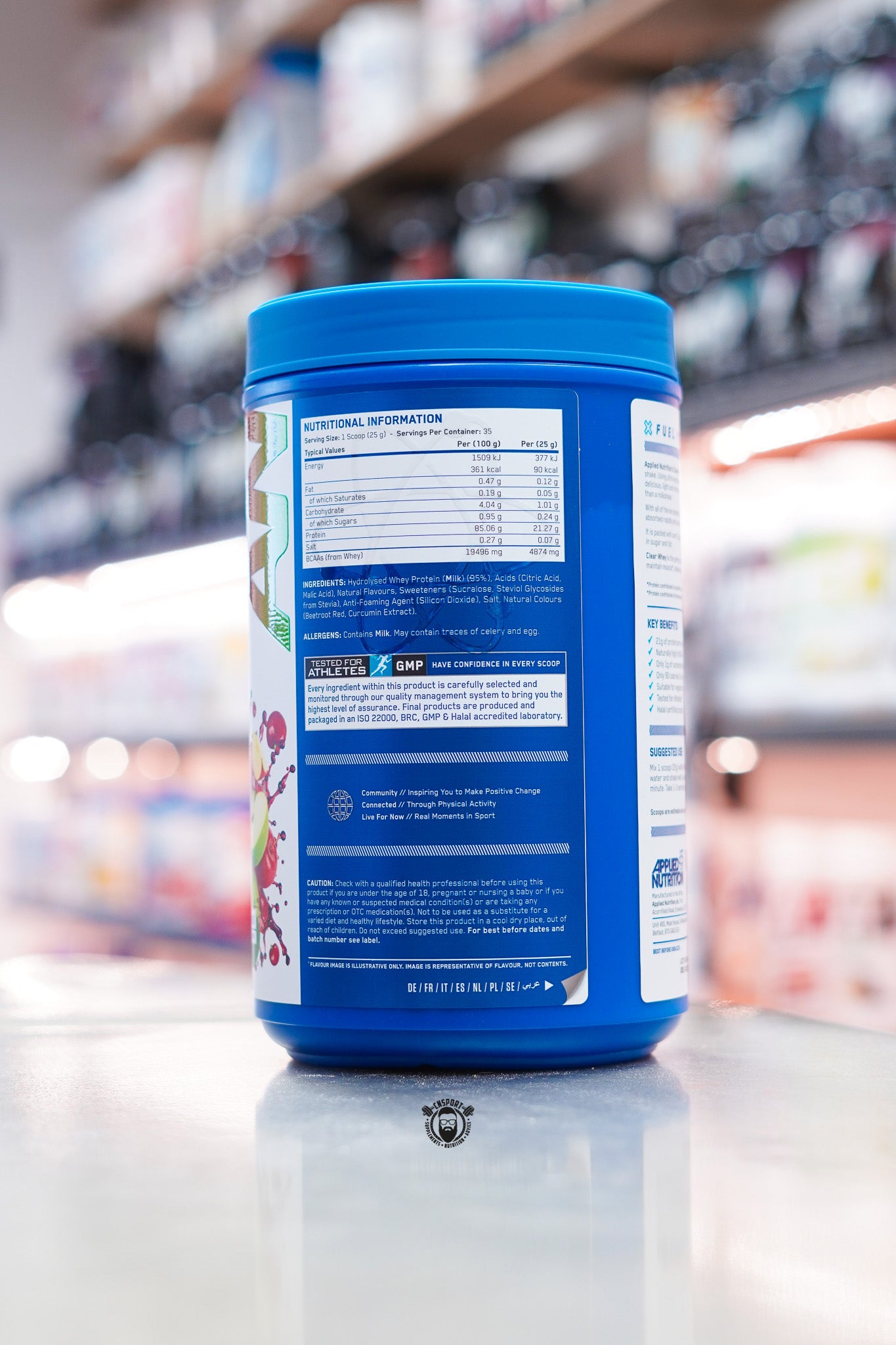 Back panel of Applied Nutrition Clear Whey Protein Cherry & Apple 875g showing nutritional information, ingredients and allergen details.