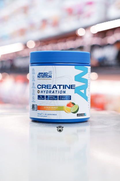 Applied Nutrition Creatine + Hydration Citrus Burst flavour, 360g container, front-facing view displaying flavour imagery, serving size, and key benefits.