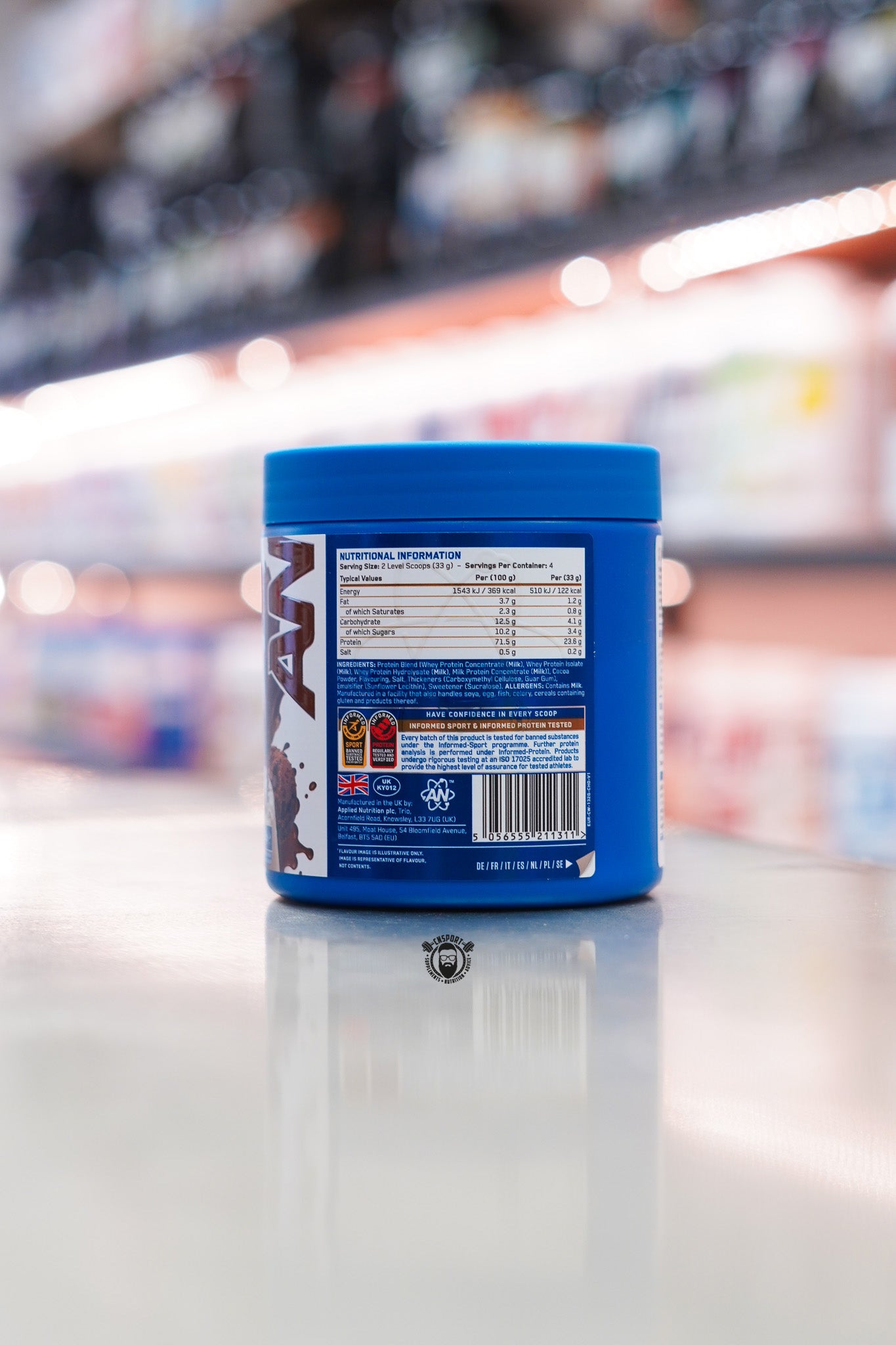 Rear panel of the Applied Nutrition Critical Whey 132g Chocolate Milkshake sample tub showing nutrition information, ingredients and barcode.